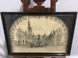 Framed Vintage Block Print of a City Square and Fountain, unknown artist