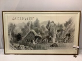 Large vintage framed Asian scenic silk painting of a mill by a waterfall, approx 33 x 56 in.