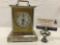 Antique German music box mantle clock w/ key, sold as is, approx 5 x 4 x 6 in.