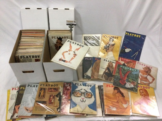 2 boxes /60 + vintage 60s PLAYBOY MAGAZINES, all in bags, some missing covers/torn pages