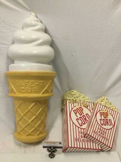 2 pc. lot of concession advertising pieces; Safe-T Cup ice cream cone, Pop Corn 3-D wall art