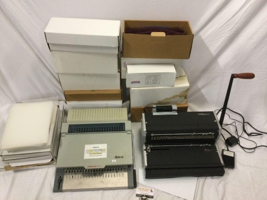 Lot of office spiral book binding machines w/ huge collection of spirals, laminate paper.