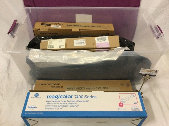 Large tub full of various Konica Minolta toner printer cartridges, many styles, sold as is.