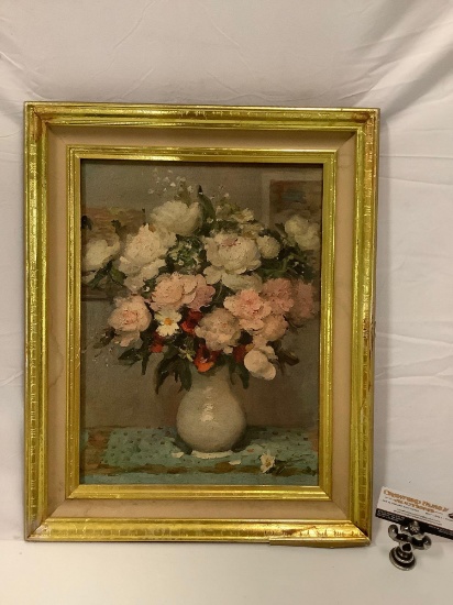 Vintage framed canvas art print: Peonies and Roses by Marcel Dyf, approx 16 x 20 in.