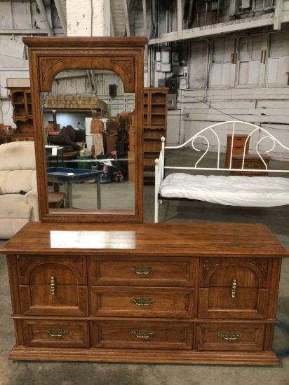 Vintage wood 9-drawer lowboy dresser w/ mirror, approx 64 x 18 x 76 in.