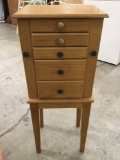 Modern wood jewelry cabinet, approximately 15 x 11 x 38 in.