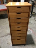 Modern wood rolling 9 drawer organizer cabinet, approx 15 x 14 x 41 in.