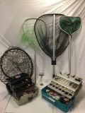 Large lot of fishing gear; 3x nets, fish trap, 2x plastic tackle boxes w/ accessories. See pics.