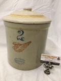 Vintage Union Stoneware Co. Redwing 2 crock with lid, Red Wing Minnesota, chip on lid.