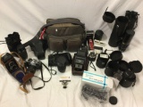 Large lot of vintage 35mm camera equipment, bag, lens, flashes, lens cases: PENTAX ME Super, Argus