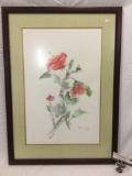 Framed floral / insect watercolor original painting signed by artist Drew, approx 21 x 29 in.