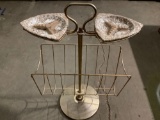 Vintage wire frame ashtray stand / media rack w/ 2 ceramic ashtrays, both have been repaired, sold