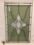Metal frame tinted glass window with etched hummingbird design, nice piece