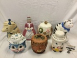 7 pc. lot of vintage/modern ceramic cookie jars: Arcadia, Coco Dawl cat, kitten, pig in hat