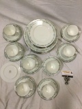 42 pc. lot of Oxford bone china, May Morn silver rimmed floral pattern, approx 11 in. largest. Nice!