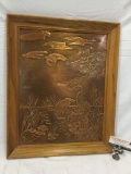 Vintage framed copper relief wildlife art print, marked 1958 on back, approx 17 x 21 in.