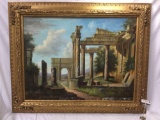 Huge framed original canvas painting of ancient ruins, approx 60 x 50 in. Stunning piece!