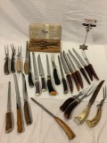 Lg. lot of vintage bone / bone style serving knives, forks, sharpeners, Real Stag Horn Cutlery set