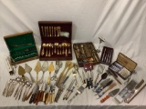 Huge collection of various styles vintage flatware, serving pieces, knife sets, gold plate set, see