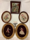 5 pc. lot if vintage framed crotchet art pieces: Victorian couple, floral, garden path, approx. 10 x