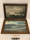 2 pc. lot of vintage framed mid century framed ocean wave art prints; Alaska Coast - A 6.5 mile gale