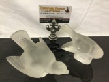 Pair of Lalique frosted satin glass Sparrow bird sculpture art pieces, made in France