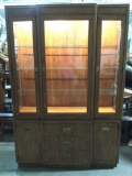 Drexel 2 pc. lighted hutch w/ 3 glass shelves, tested/ working, approx 53 x 80 x 15 in.