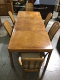 Drexel - Passage wood dining table w/ 6 matching chairs, 2 leaf extensions, good condition.
