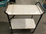 Vintage metal rolling tray cart, approximately 28 x 16 x 31 in.