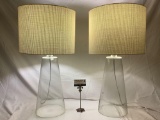 Pair of modern glass base table lamps w/ shades, tested and working