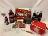 Nice lot of rare unique Coca-Cola larger size glass bottles, metal cards, tin sign, ice pick,