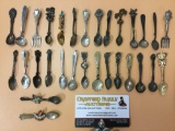 Lg. lot of miniature spoons / forks broach pins, a few marked Sterling, approx 2.5 x 1 in.