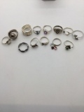 Collection of 13 vintage Sterling Silver rings, many with cut stones.