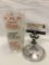 Vintage glass bar jigger drink mixer w/ lid, printed drink recipes, approx 3 x 7 in.