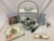 Misc. lot of kitchen decor: PYREX tea pot, SPODE Christmas Tree plates, penguin ice bucket, tongs,