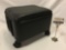 Small black rolling ottoman footstool with storage, approx 14 x 12 x 11 in.