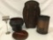 3 pc. lot of rustic home decor: antique wood bowl w/ lid, tin wastebasket, more.
