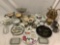 Huge lot of misc. home decor: plates, Franciscan bowl, pewter mugs, tea pots, cast iron media
