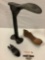 4 pc. lot of vintage cobblers shoe making tools, Big Boy cast iron boot stand, approx 7 x 14 in.