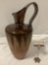 Large unique hand made ceramic pitcher w/ handle, brown glaze, one of a kind, sold as is.