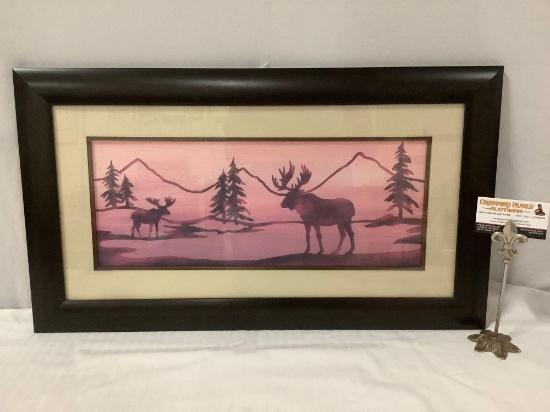 NiceY framed wildlife elk scenic art print in pink tones , approx 27.5 x 15.5 in.