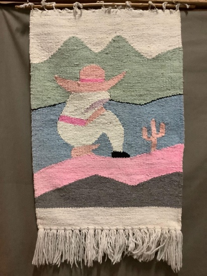 Vintage pastel wool tapestry w/ fringe , man in sombrero resting in desert