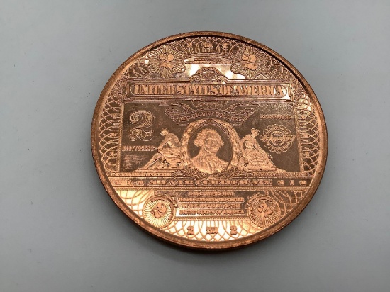 RARE 1 oz. .999 copper art round commemorating 2 dollar silver certificate
