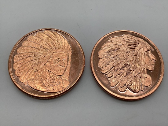 2 pc. lot Golden State Mint Native American Indian series .999 copper art rounds, 2 different