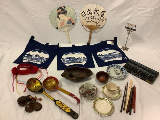 Lg. lot of vintage / modern Asian style home decor: teak wood bowl, spoons, flags, fans, chopsticks