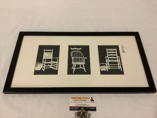 Framed triptych chair silhouette art prints by Mel Felix, approx 21 x 11 in.