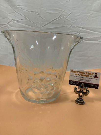 Vintage glass ice bucket / vase w/ grape bushel design , approx 10 x 8 x 8 in.