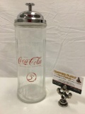 Vintage glass Coca-Cola Coke straw holder w/ lid, shows wear, approx 12 x 4 in.