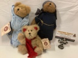 3 pc. Boyds Head Bean Collection bears in bearwear , approx 9 x 4 in. 2 with tag.