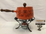 Vintage enameled fondue pot w/ wood handle, metal stand, approx 13 x 10 x 8 in.